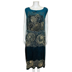 Vintage 1920s Beaded Dress Gold Beading on Blue Velvet Sz M