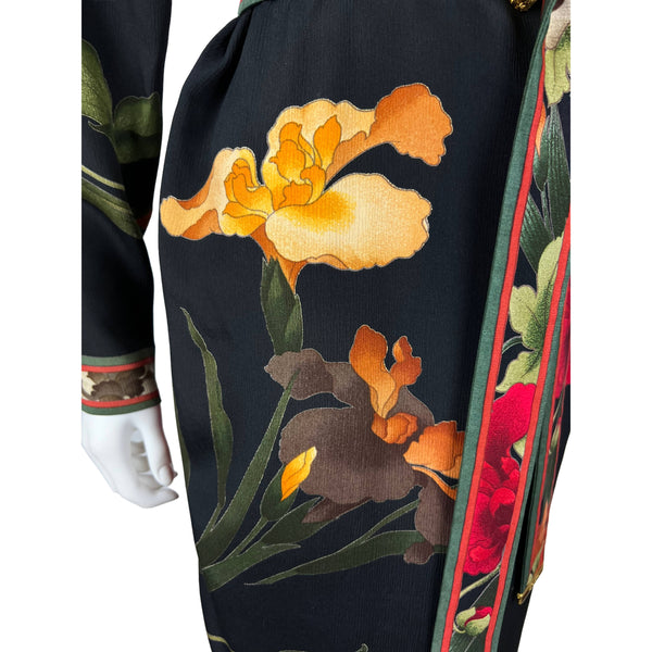 80s Scarf Black Tan Stripe Floral Print Silk Rectangular - Ruby Lane
