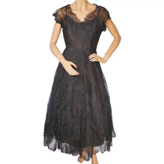 Vintage 1950s Lace Dress Black Chantilly Evening Gown Size M