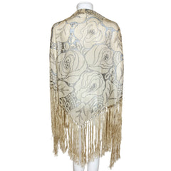 Art Deco Shawl Woven Silk Gauze Fringed Rose Floral Lace Ptn