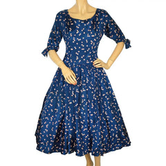 Vintage 1950s Dress Blue Silk Taffeta w Floral Print Size S