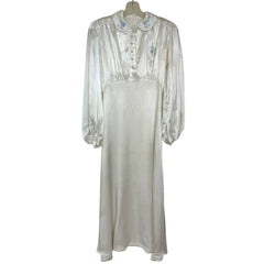 Vintage 1930s Satin Nightgown Blue Embroidered Nightie S M