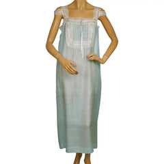 Vintage 1920s Silk Nightgown Blue Pongee Nightie w Lace Trim
