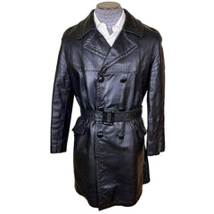 Vintage 1960s Black Leather Coat Mens Overcoat Size M