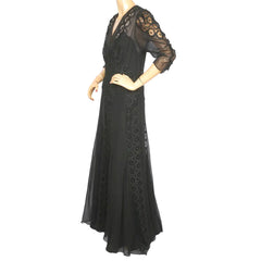 Vintage 1930s Evening Gown Black Silk Chiffon & Lace Dress L