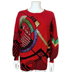 Vintage 1980s New Wave Beaded Sweater Red Pullover Ladies M