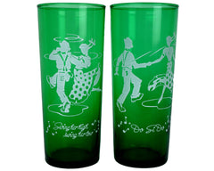 Vintage Square Dancing Highball Glass Iced Tea Tumblers Hocking Forest Green - Poppy's Vintage Clothing