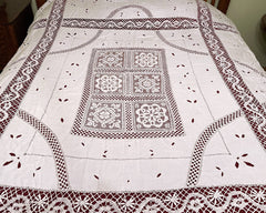 Vintage Lace Inset Linen Tablecloth w Embroidered Cutwork Bedspread - Poppy's Vintage Clothing