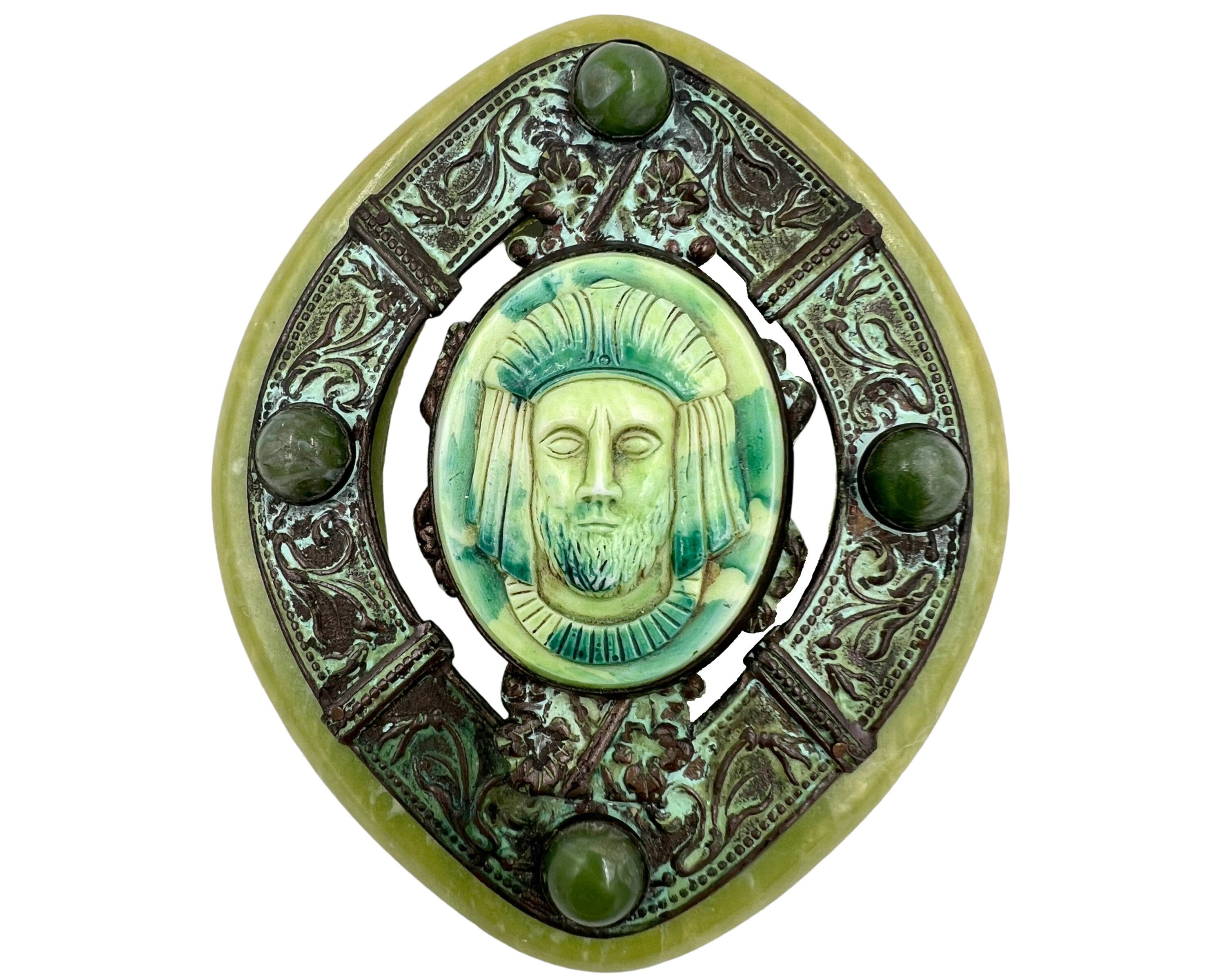 Rare Egyptian belt buckle pendant Pharaoh King Tut celluloid escutcheon vintage antique triple strand glass pearls necklace store front closure