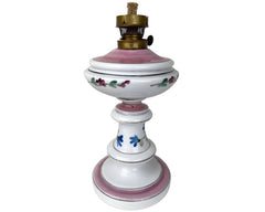 Antique Oil Lamp Painted Milk Glass w Hungarian Keolupper Budapest Burner - Poppy's Vintage Clothing