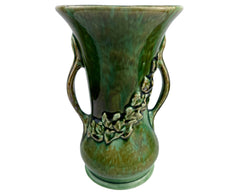 Vintage 1930s Brush McCoy Pottery Vase 840 Ivy Vine Handled Mottled Green 10.38 Tall - Poppy's Vintage Clothing