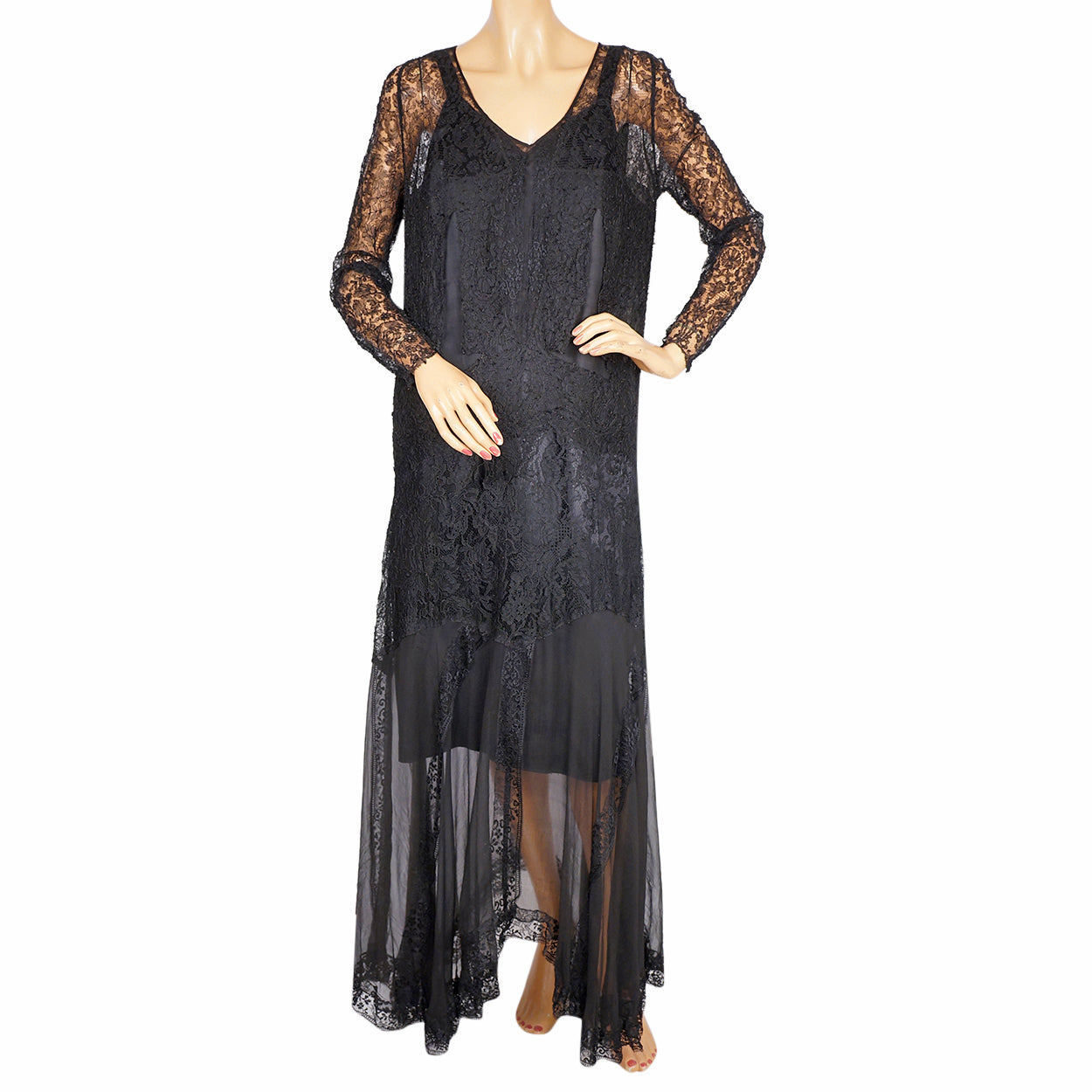 Vintage 1920s Black Chiffon and Lace Dress, fits 38 inch bust