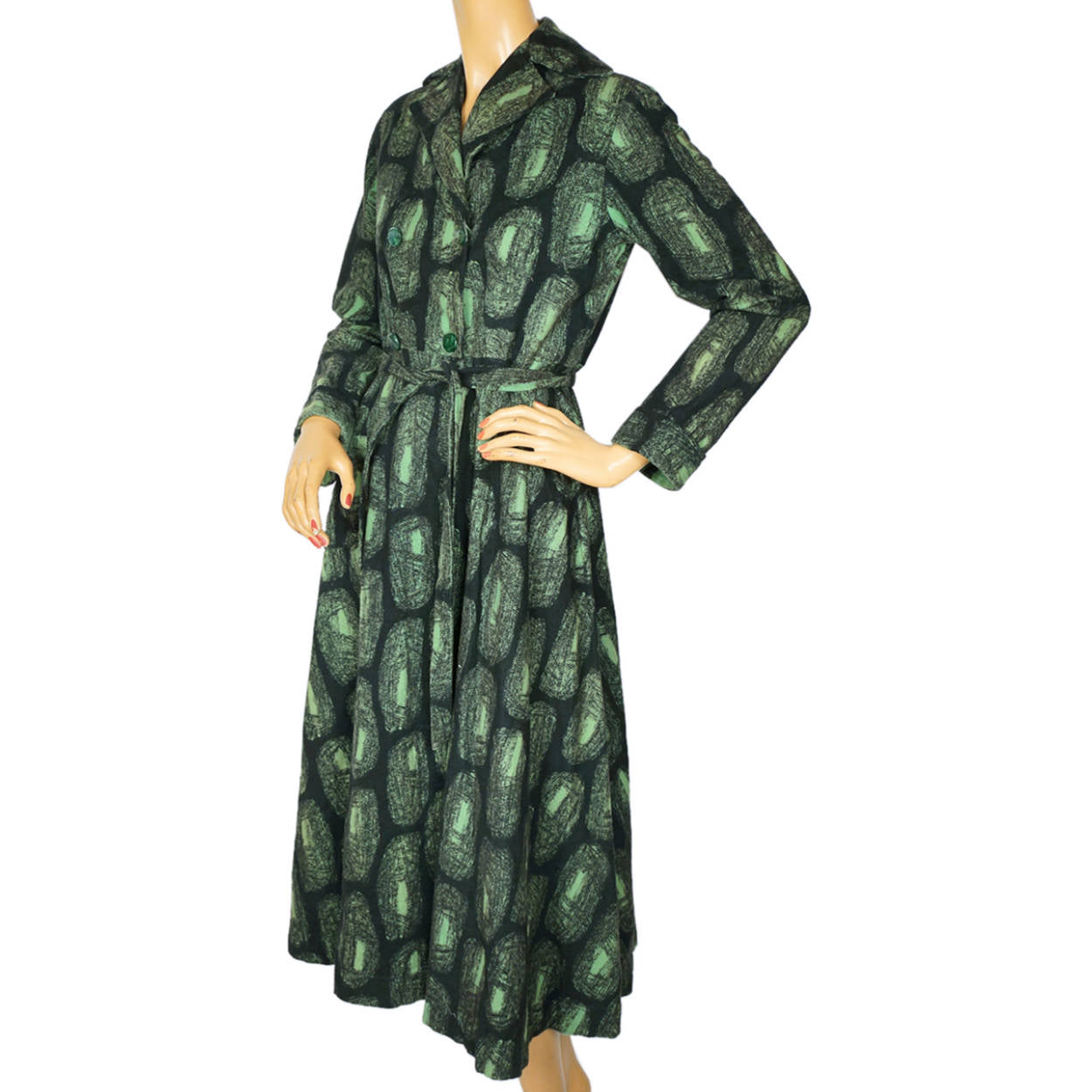 Vintage 1950s Cotton Flannel Dressing Gown Abstract Print Green & Black ...