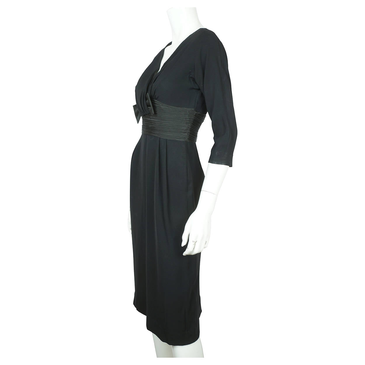 Vintage 1950s Black Crepe Cocktail Wiggle Dress With Taffeta Waist