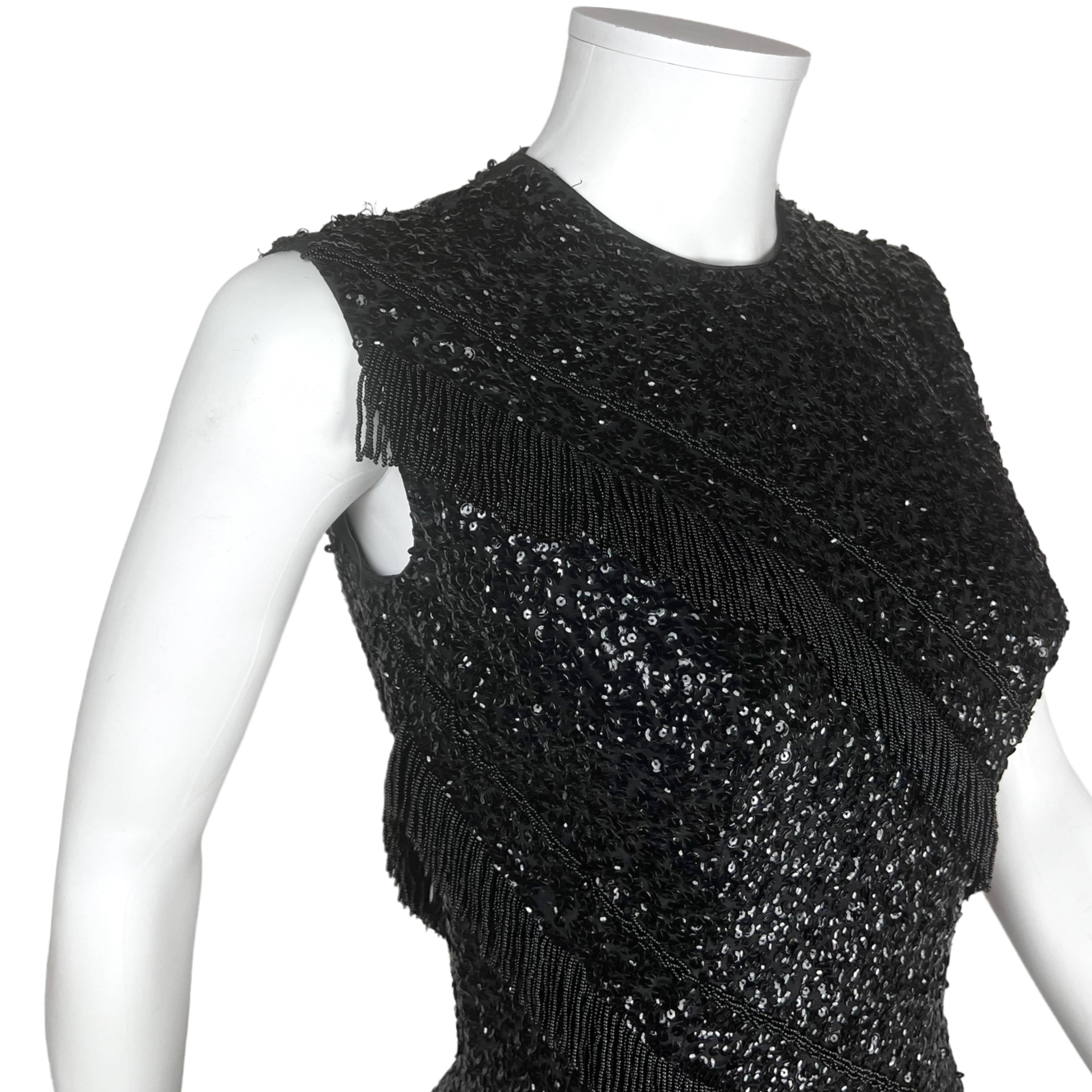 Vintage 1950s Cocktail Dress Black Sequins w Beaded Fringe M