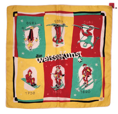 Vintage Ski Silk Scarf Swiss Die Weisse Kunst Skiing History w Skiers 1950 - Poppy's Vintage Clothing