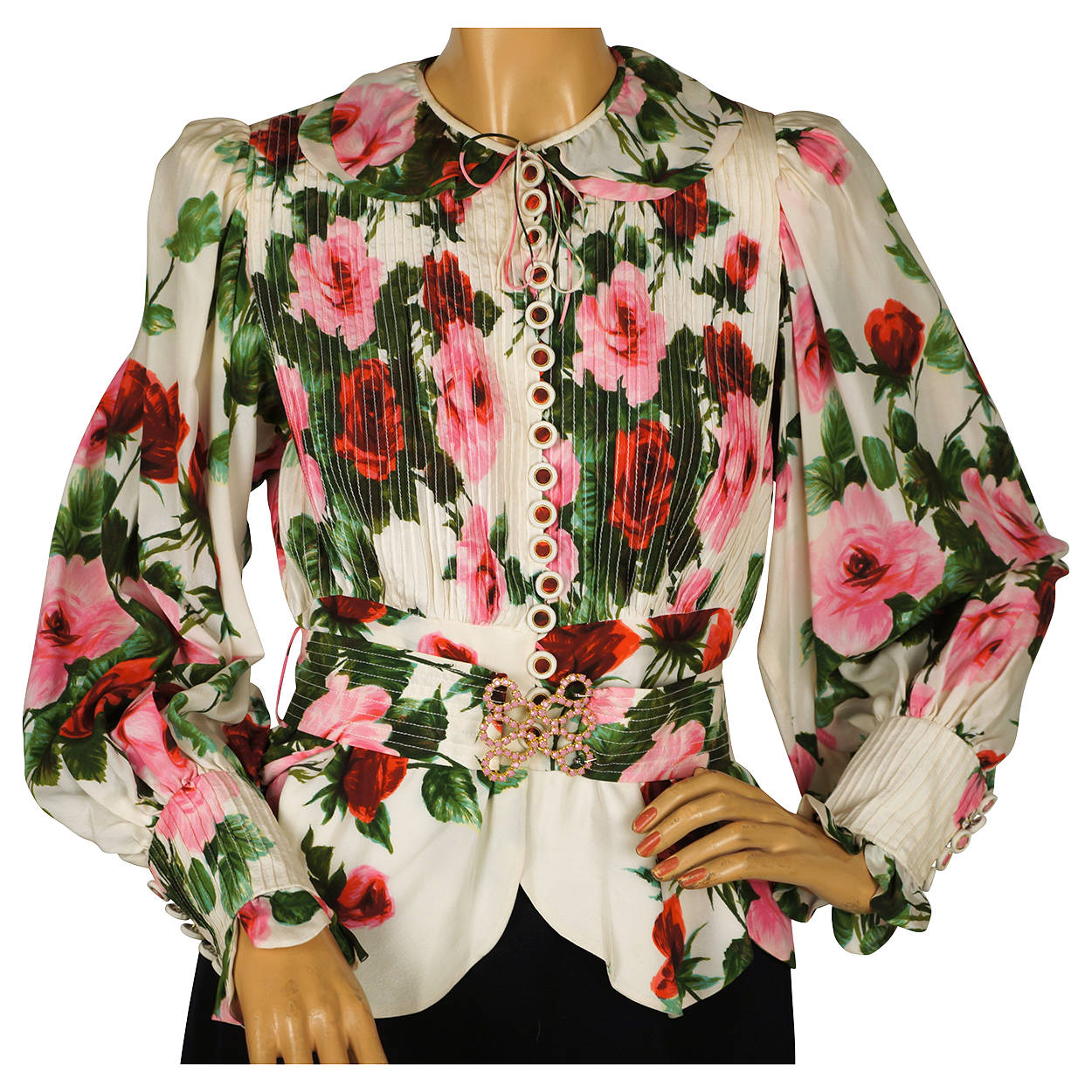 Vintage Silk Blouse Rose Floral Pattern Frank Oujezdsky Haute Couture 1960s