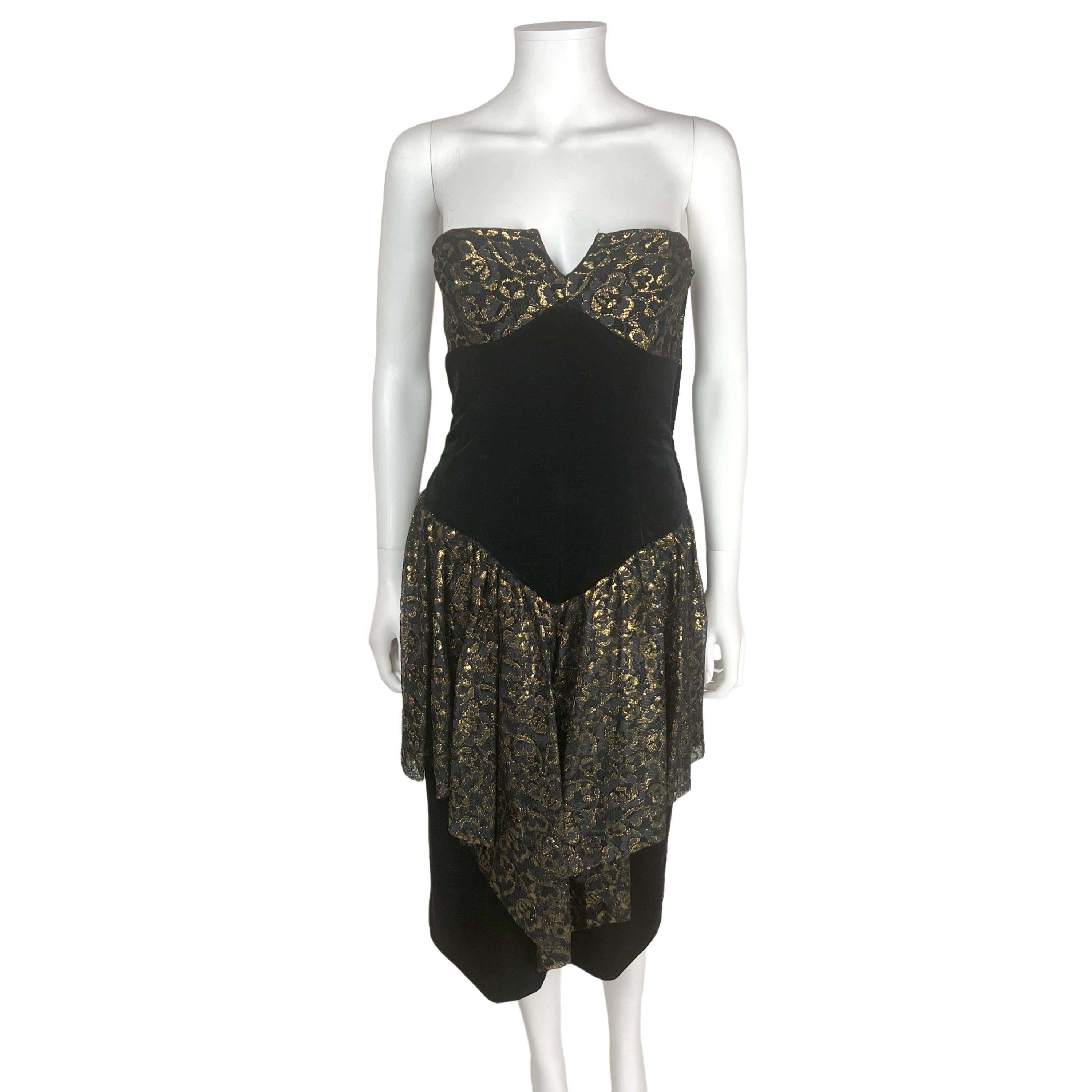 1980s Vintage Frank Usher Dress Gold Lace & Black Velvet M