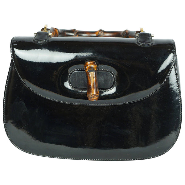 Vintage 1960s Gucci Iconic Bamboo Handle Handbag Purse Black Patent Leather  0633