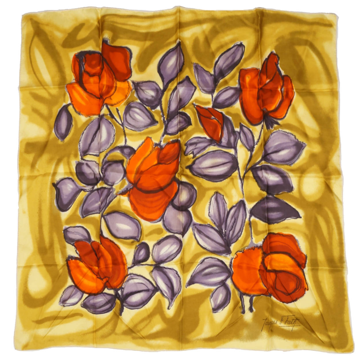Vintage 1950s Jacques Fath Paris Silk Twill Scarf Modernist Rose Flowers  30.5 Inch