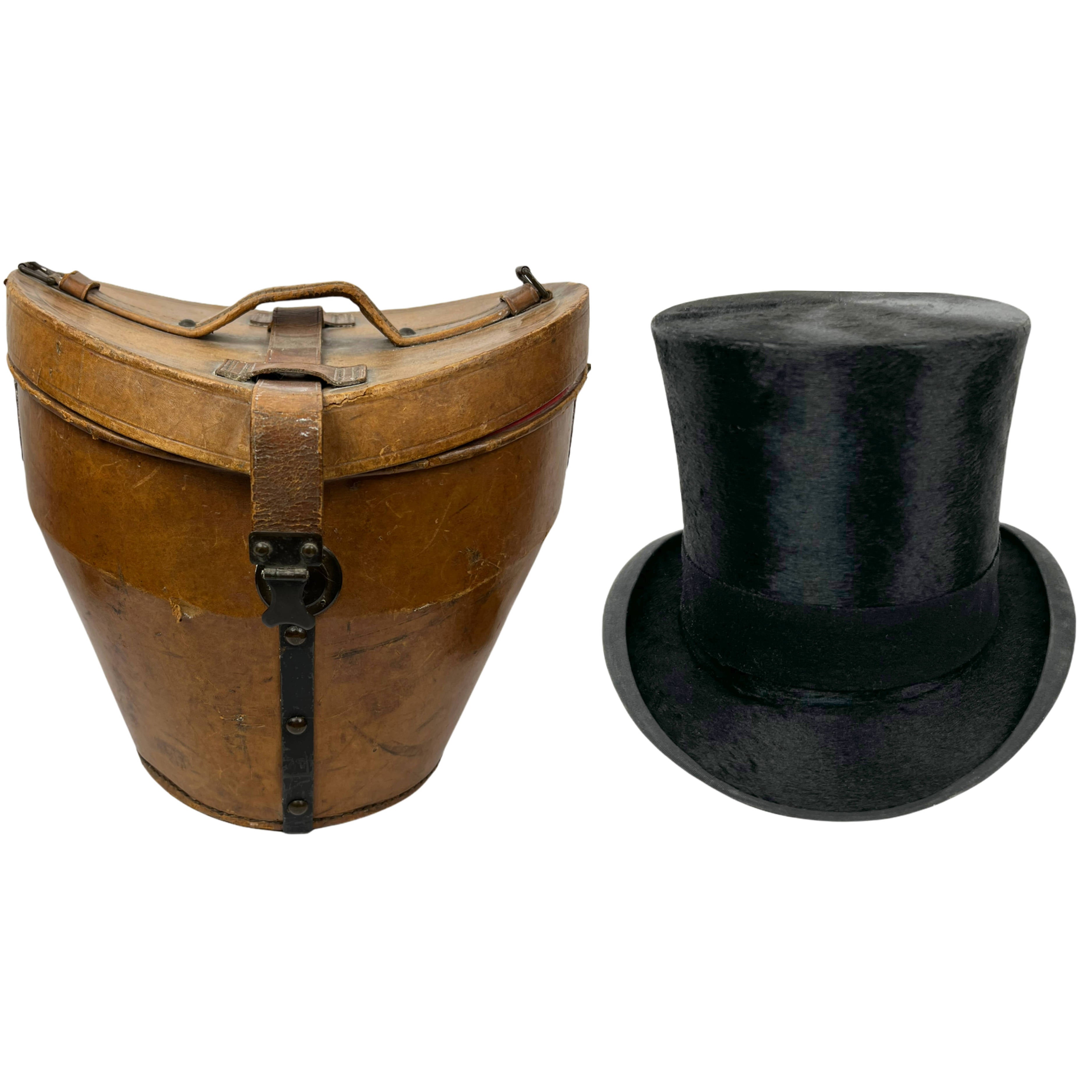 Antique Leather Top Hat Box, Luggage, French Silk Top Hat Inside