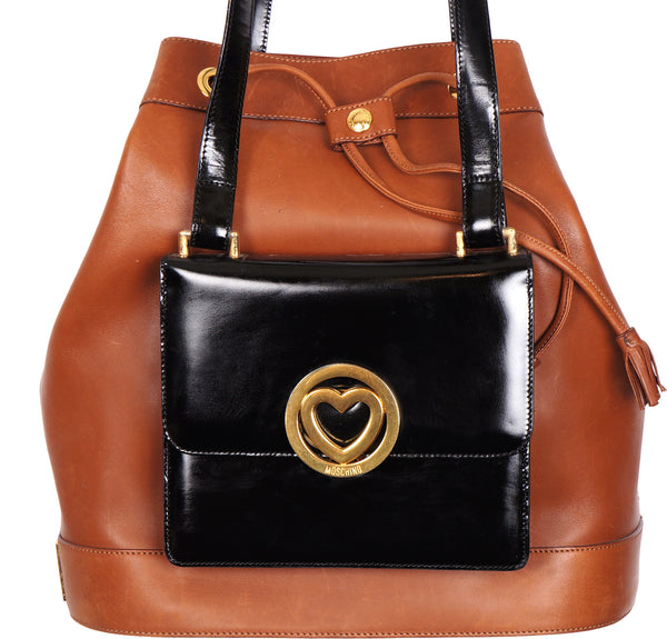 1990s Moschino Vintage Leather Handbag Heart Clasp Shoulder Bag at