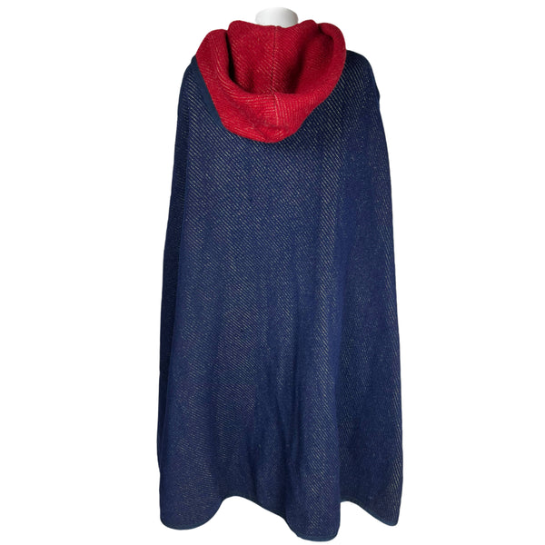 Vintage Reversible Hooded Cape Red Blue Loomed Wool One Size