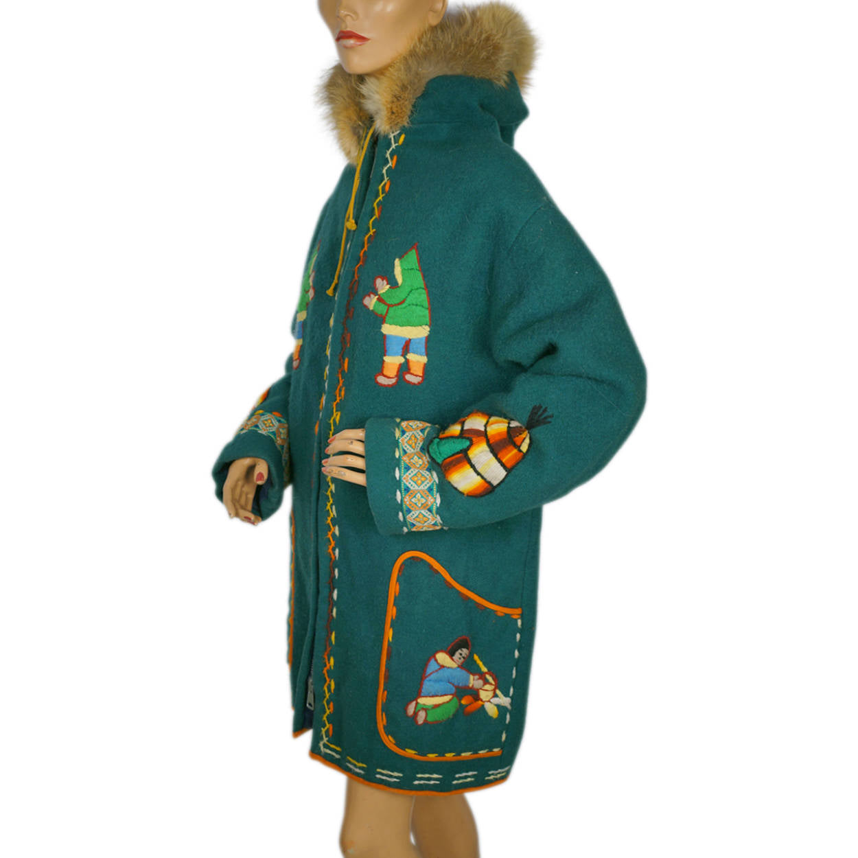 Vintage Eskimo Duffle Parka Coat Inuit Embroidered Green Wool w ...